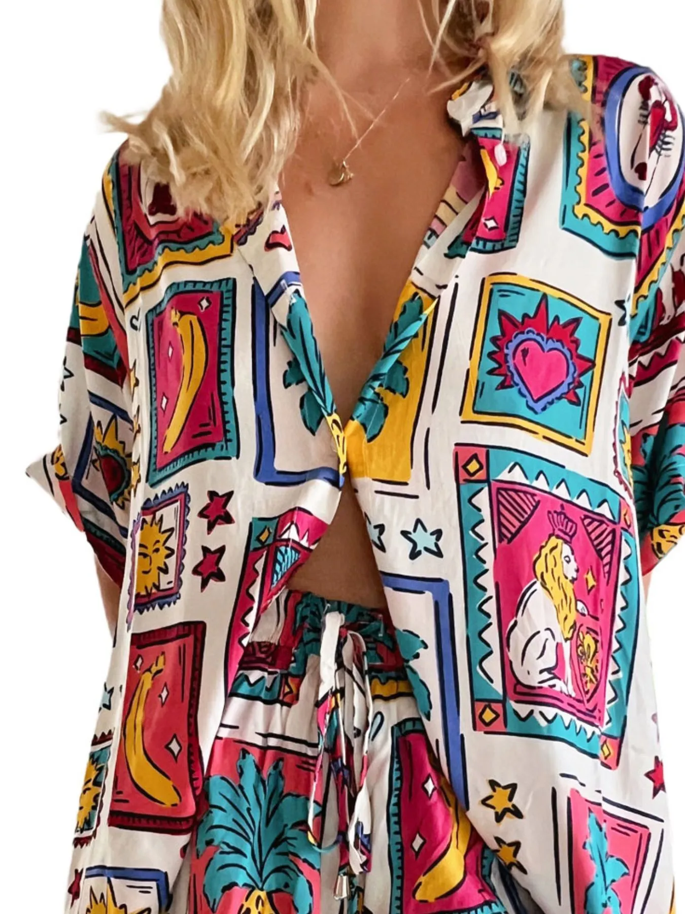 Printed Button Up Shirt and Shorts Set - Image 11