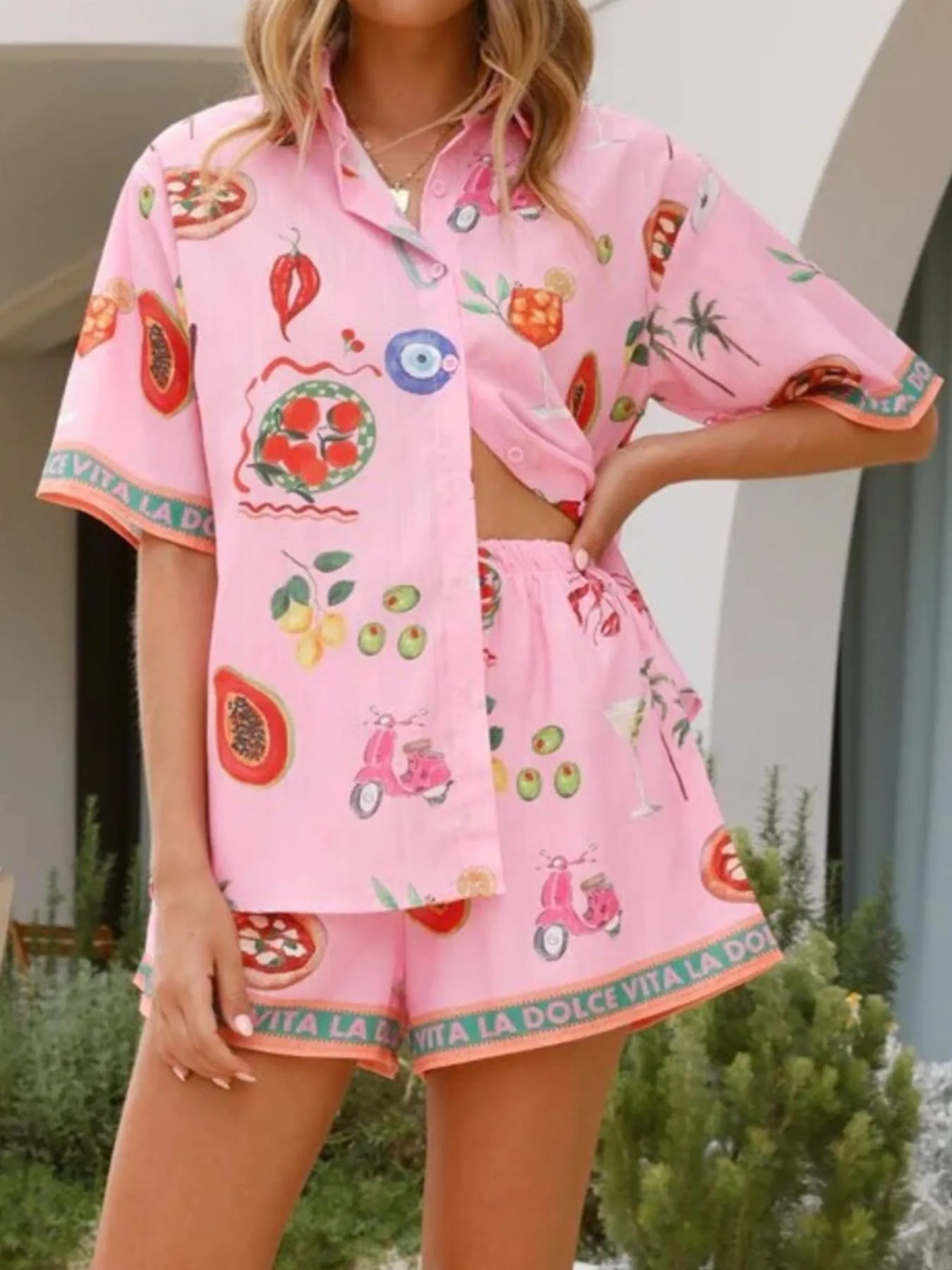Printed Button Up Shirt and Shorts Set - Image 2
