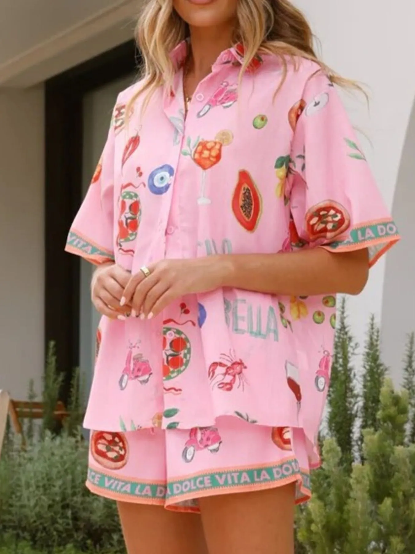Printed Button Up Shirt and Shorts Set - Image 3