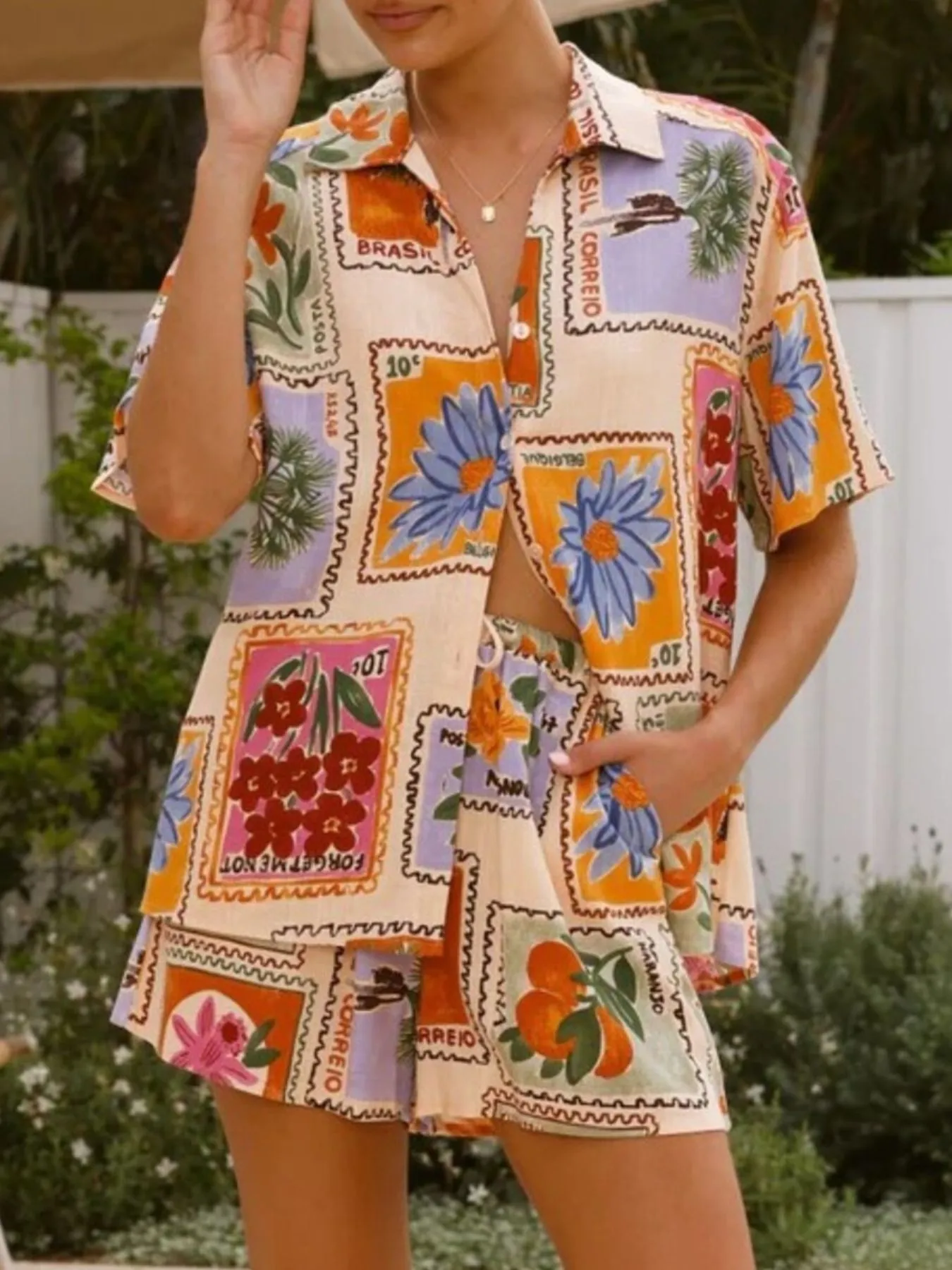 Printed Button Up Shirt and Shorts Set - Image 4
