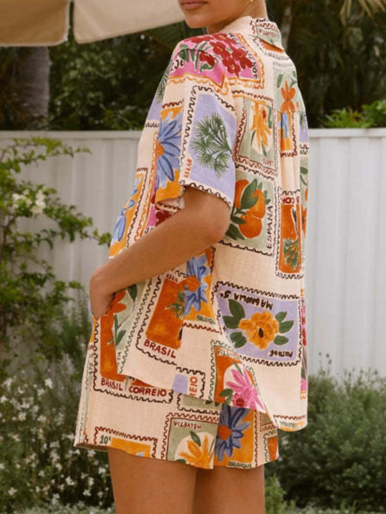 Printed Button Up Shirt and Shorts Set - Image 5