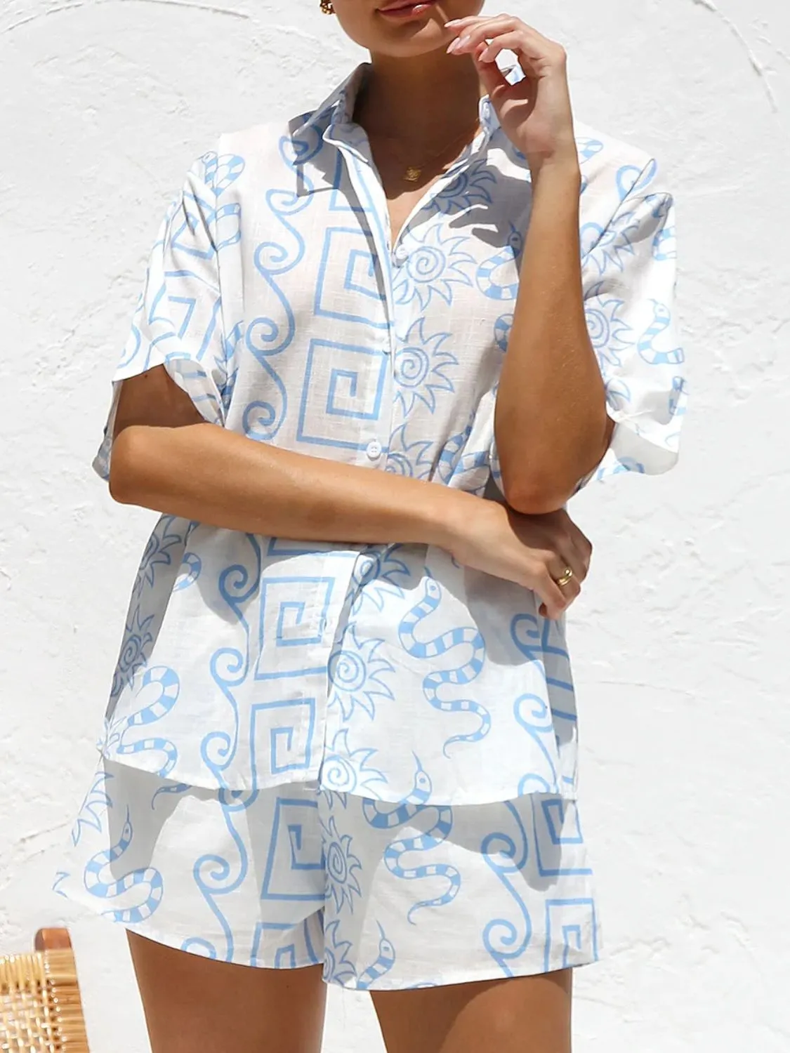 Printed Button Up Top and Shorts Set - Image 9