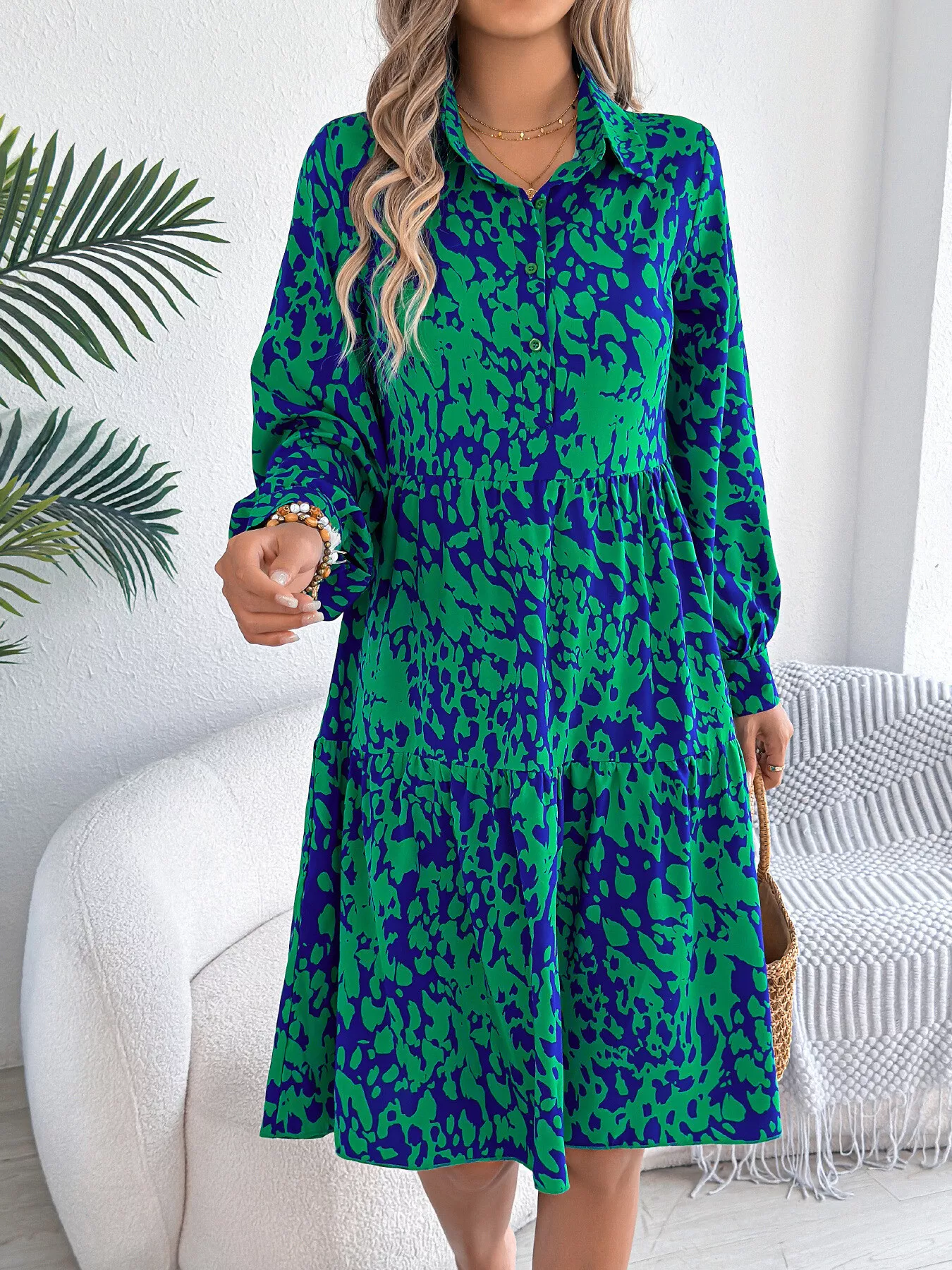Printed Collared Neck Long Sleeve Dress - Image 4