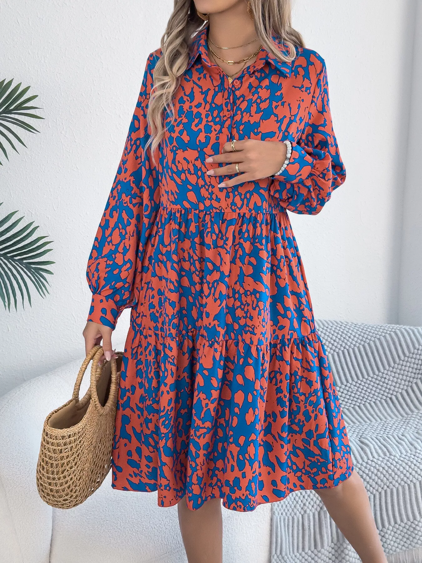 Printed Collared Neck Long Sleeve Dress - Image 7