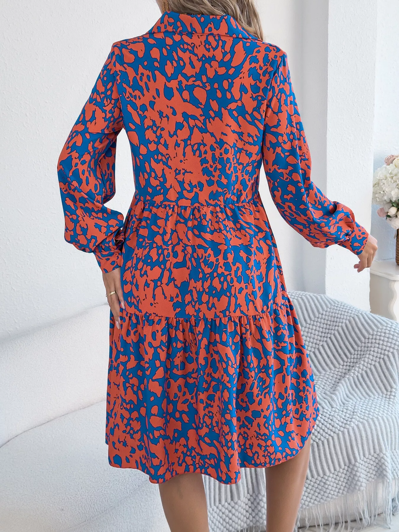Printed Collared Neck Long Sleeve Dress - Image 8