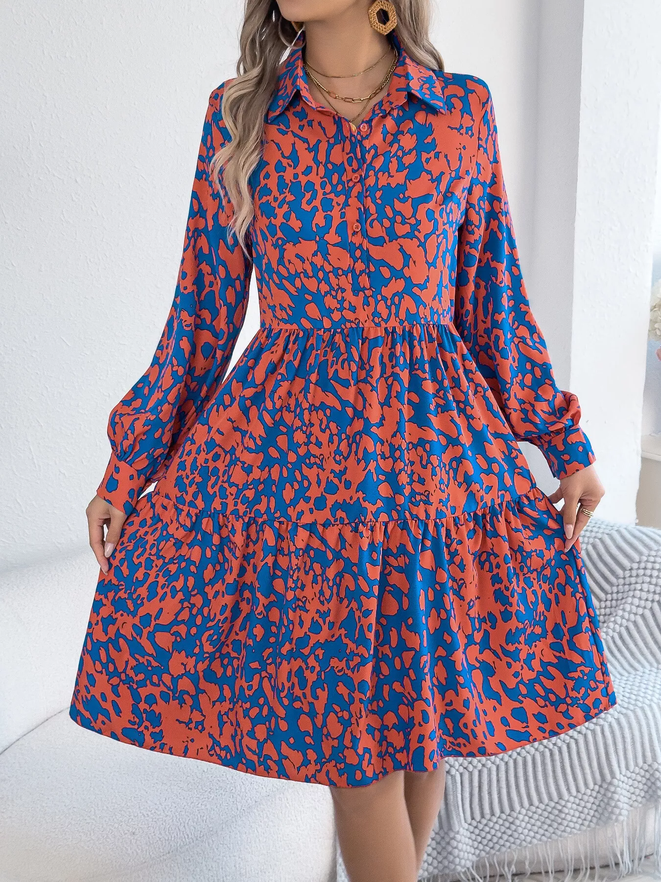 Printed Collared Neck Long Sleeve Dress - Image 9