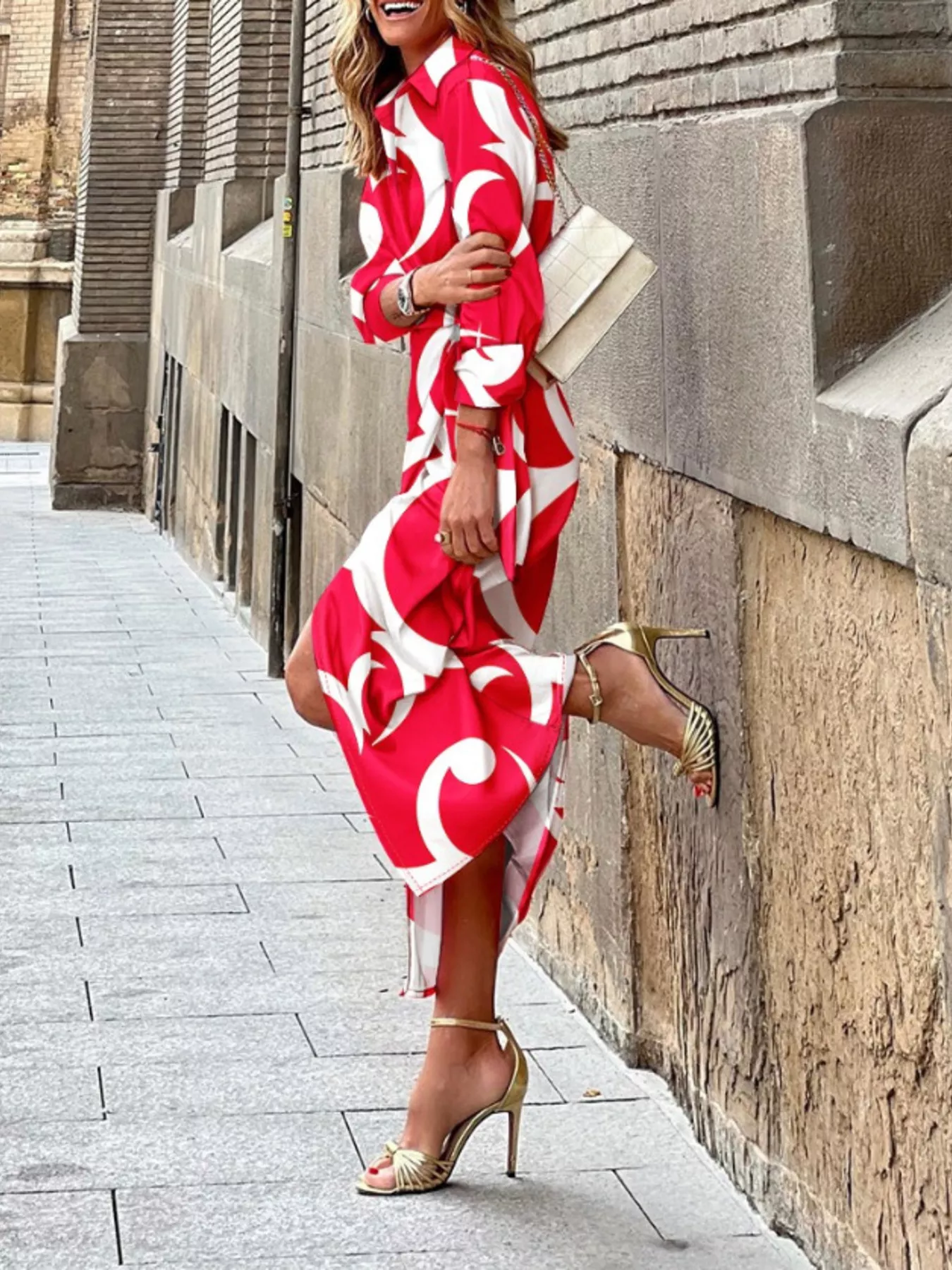 Printed Collared Neck Shirt Dress - Image 6