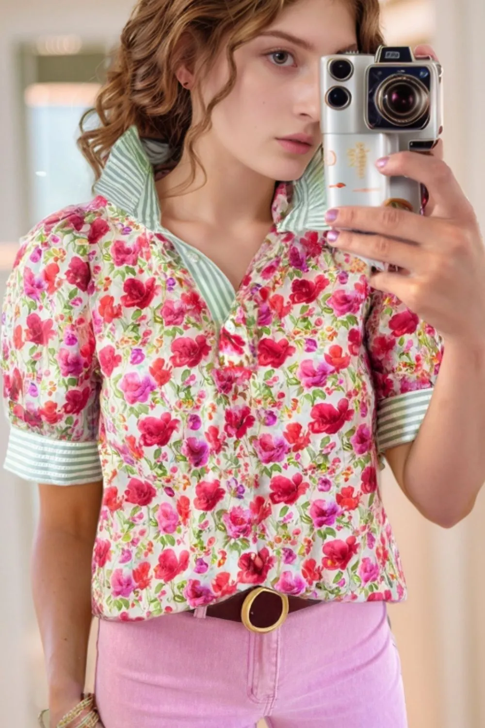 Printed Collared Neck Short Sleeve Blouse - Image 2