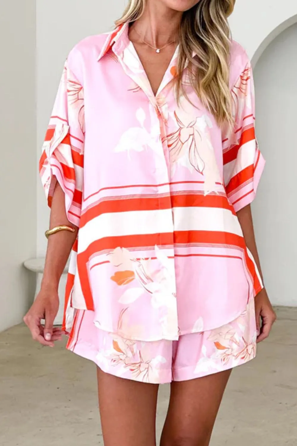 Printed Collared Neck Top and Shorts Set - Image 12