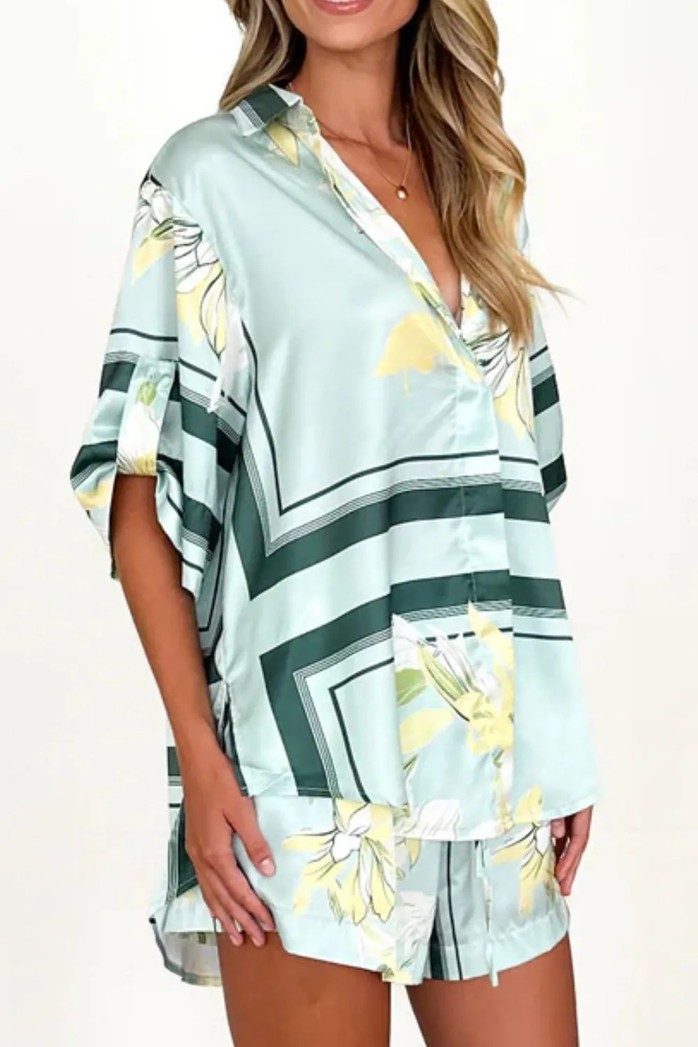 Printed Collared Neck Top and Shorts Set - Image 24