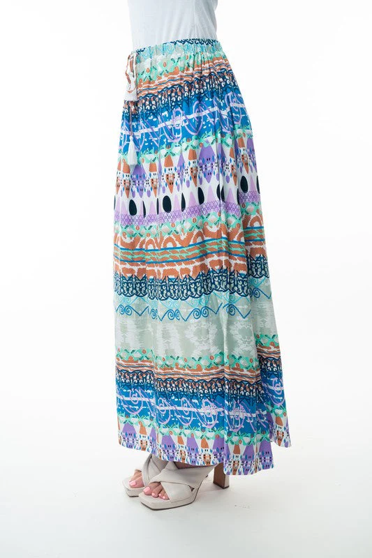 Printed Elastic Waist Band Long Skirt with Tassels in Sage Combo - Image 3