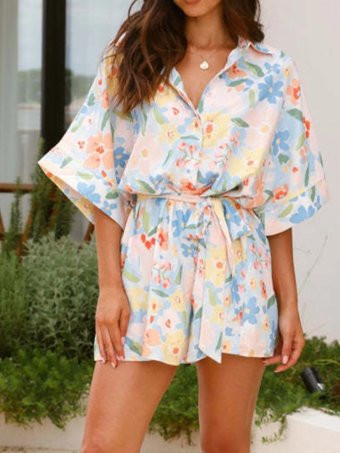 Printed Half Sleeve Tie Waist Romper - Image 7
