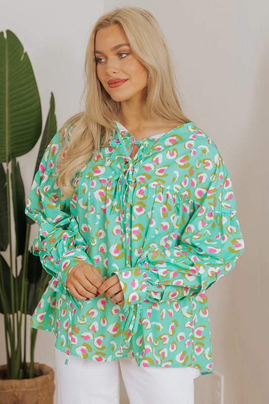 Printed Lace-up Lantern Sleeve Babydoll Blouse - Image 4