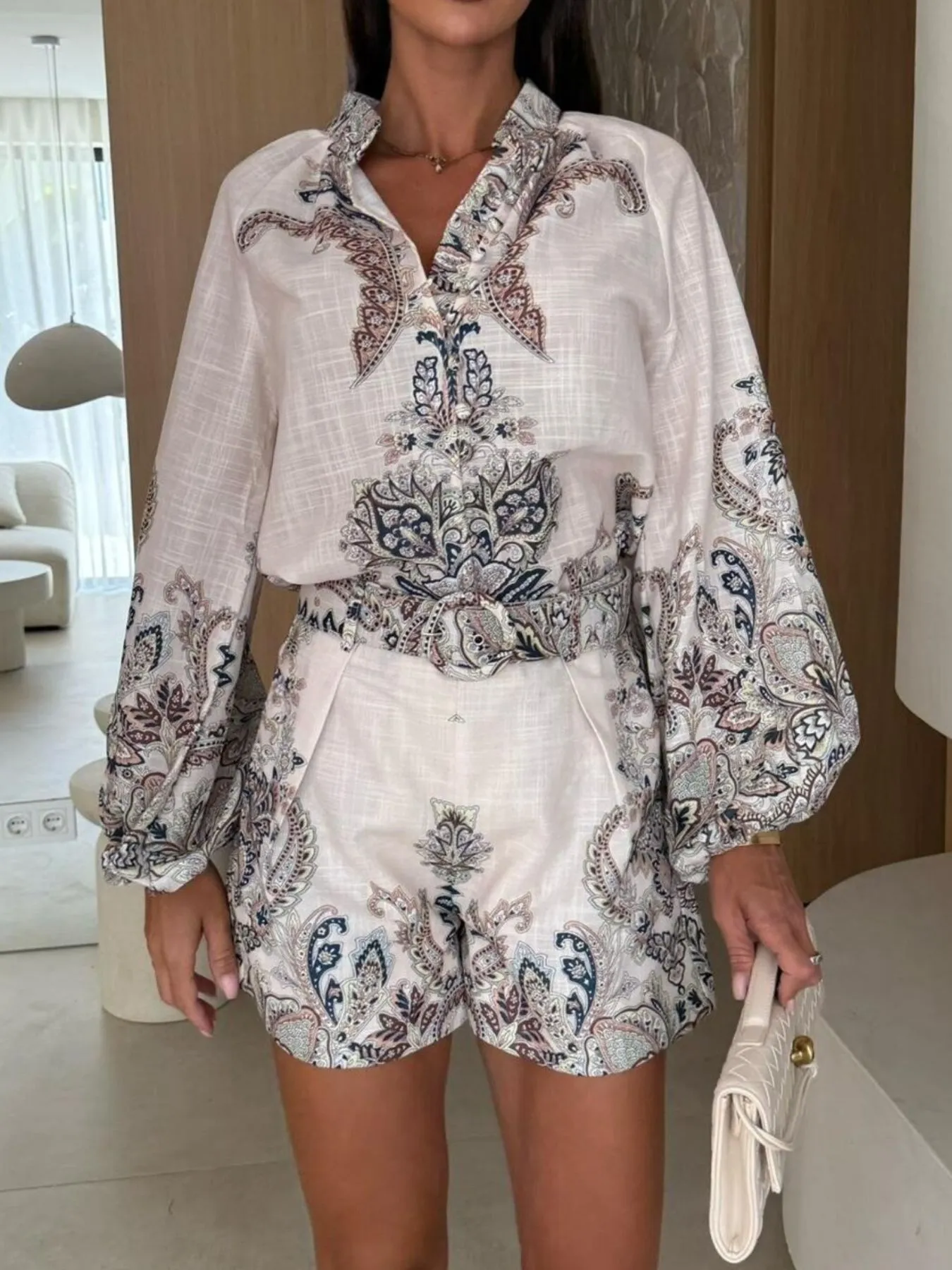 Printed Long Sleeve Shirt and Shorts Set - Image 4