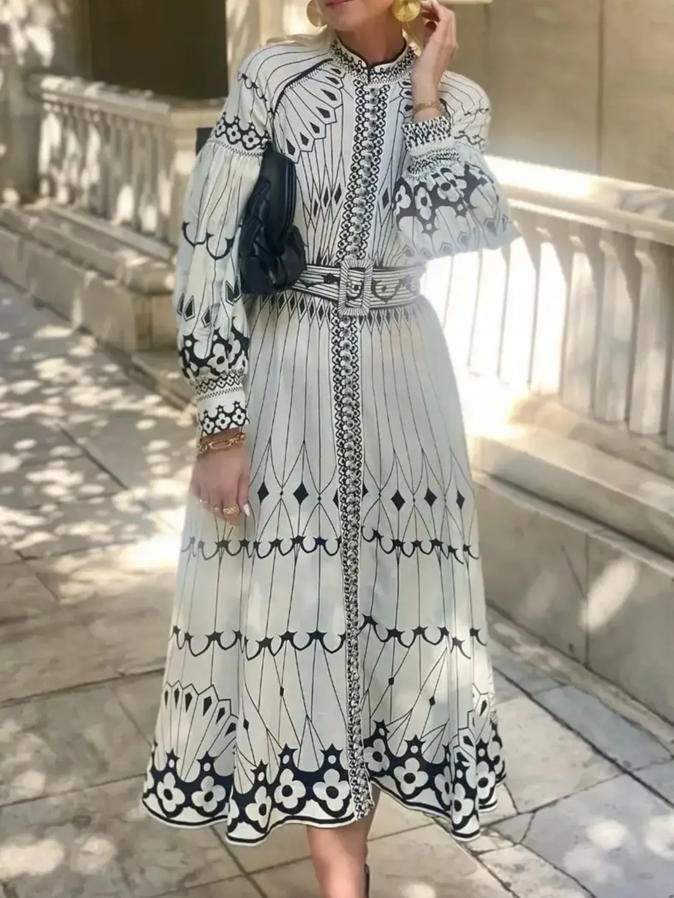 Printed Long Sleeve Shirt Dress with Belt - Image 2