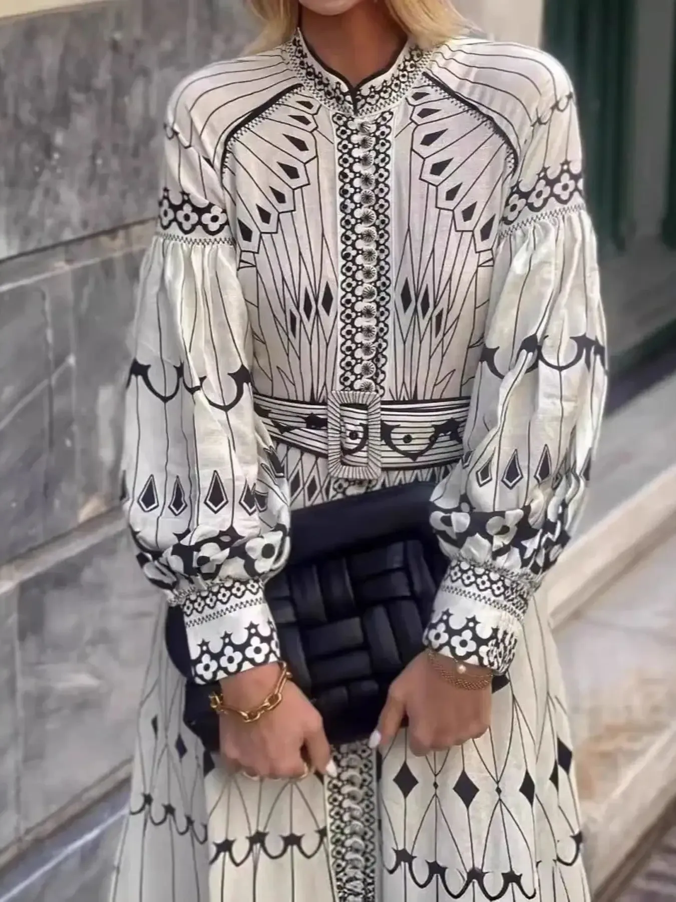 Printed Long Sleeve Shirt Dress with Belt - Image 3