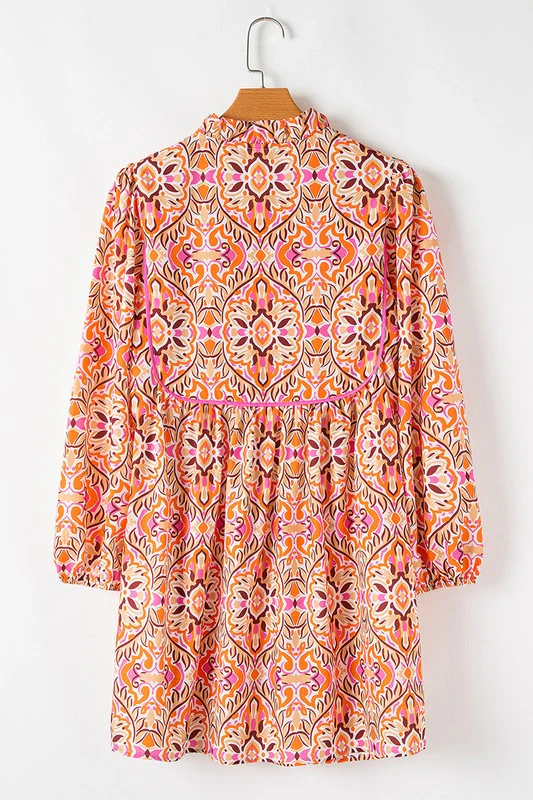 Printed Long Sleeve Tied Neckline Mini Dress - Image 4