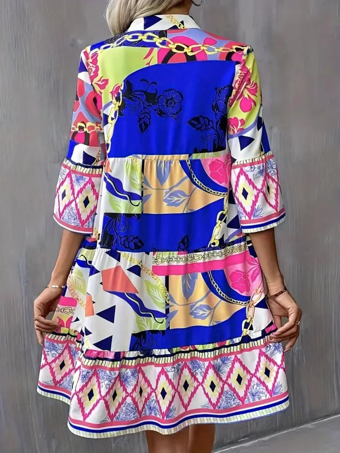 Printed Notched 3/4 Sleeve Tiered Dress - Image 5