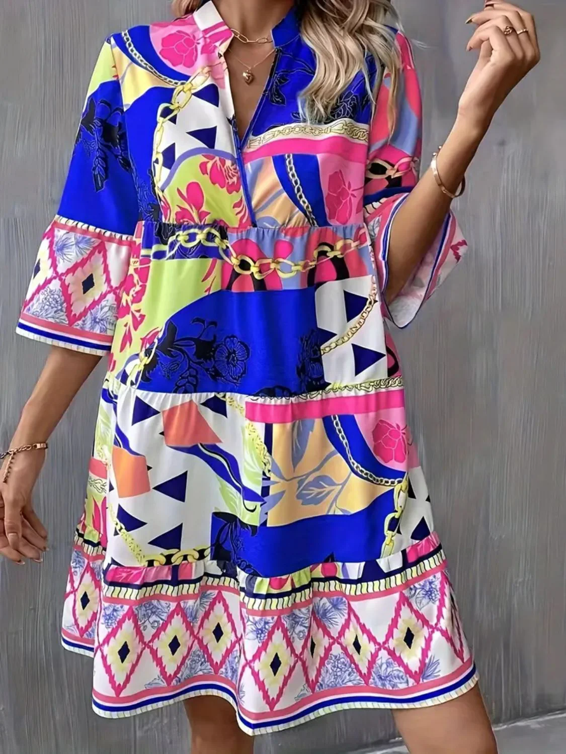 Printed Notched 3/4 Sleeve Tiered Dress - Image 6