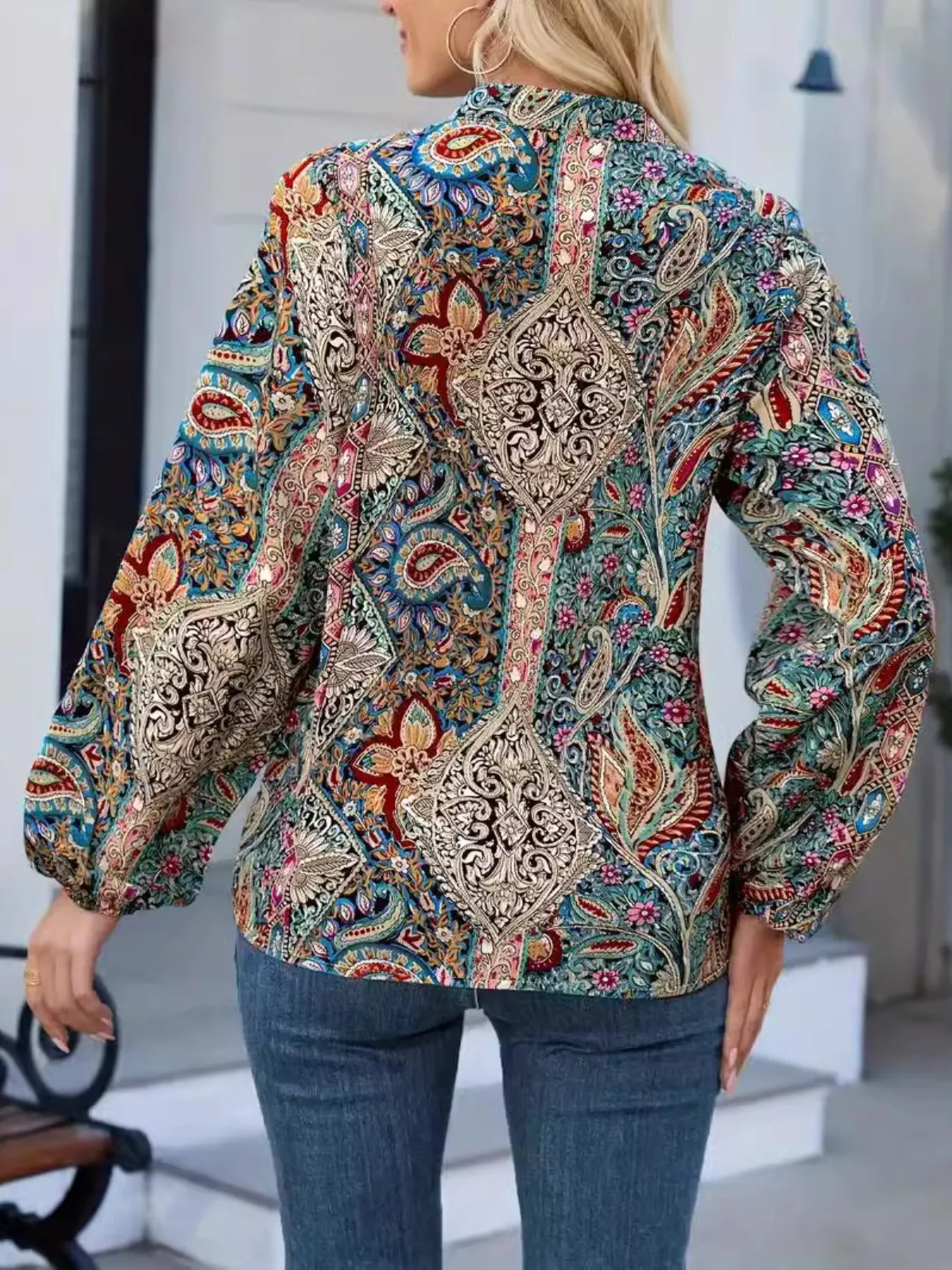 Printed Notched Balloon Sleeve Blouse - Image 5