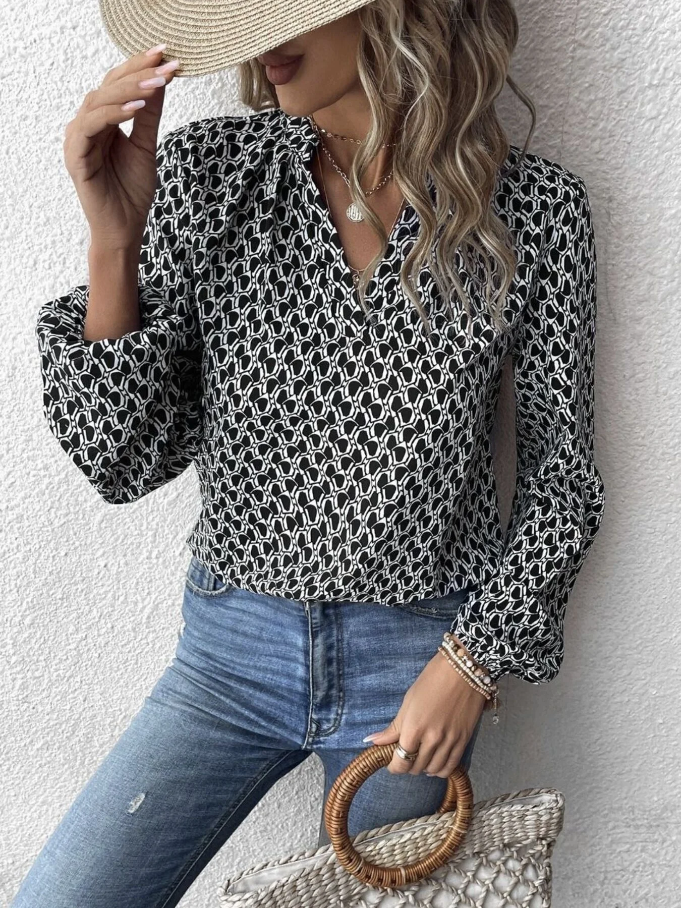 Printed Notched Balloon Sleeve Blouse - Image 9