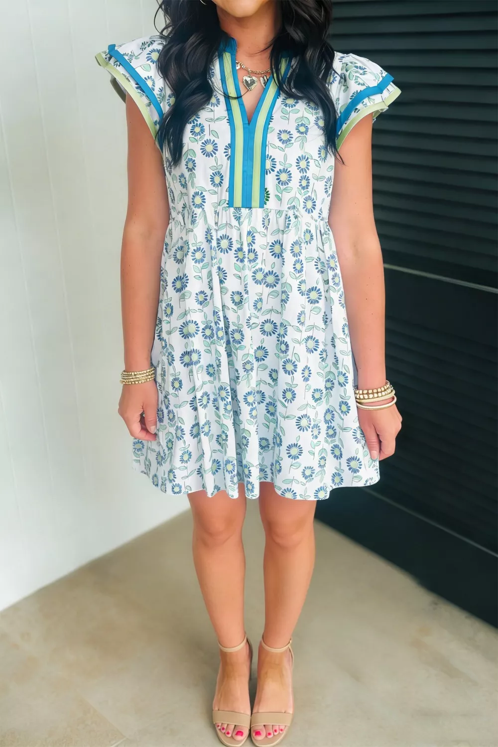 Printed Notched Cap Sleeve Dress - Image 4