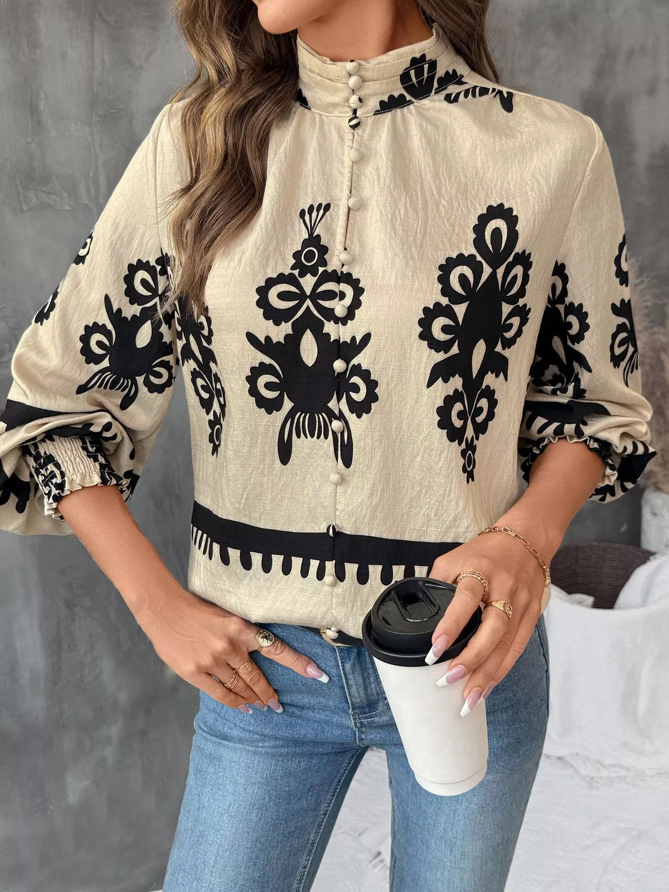 Printed Notched Lantern Sleeve Blouse - Image 5
