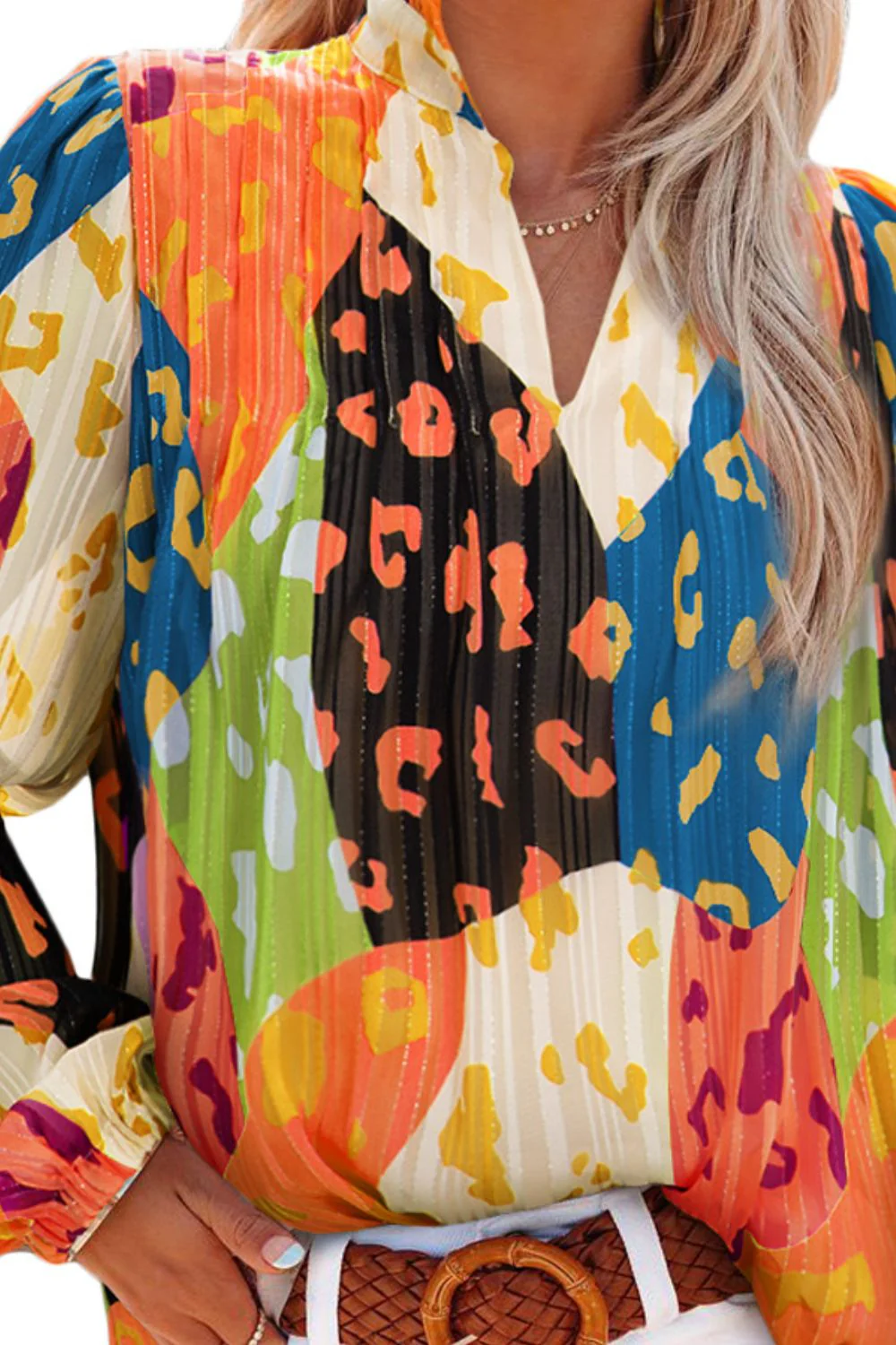 Printed Notched Long Sleeve Blouse - Image 13