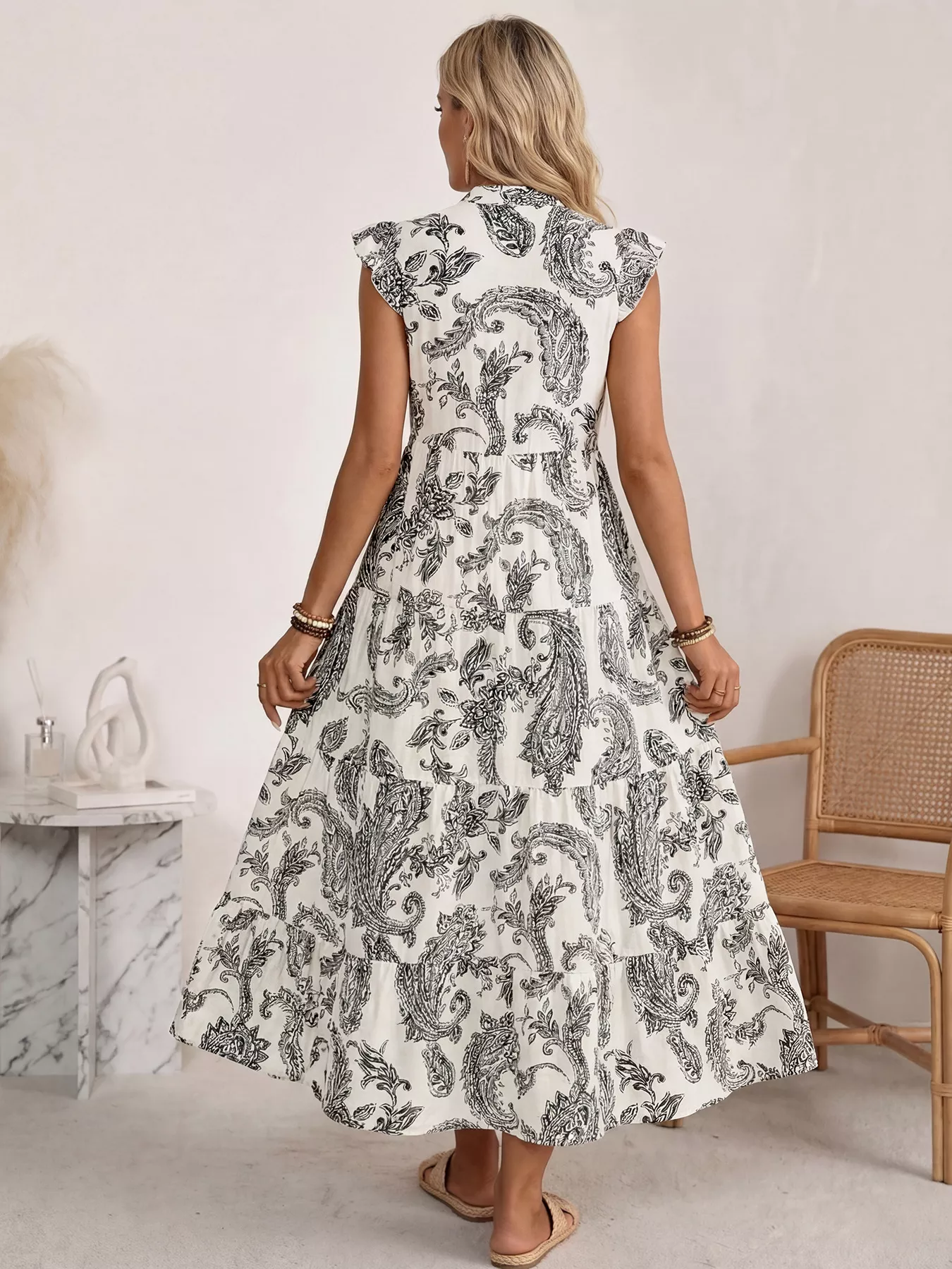 Printed Notched Ruffle Sleeve Maxi Dress - Image 5