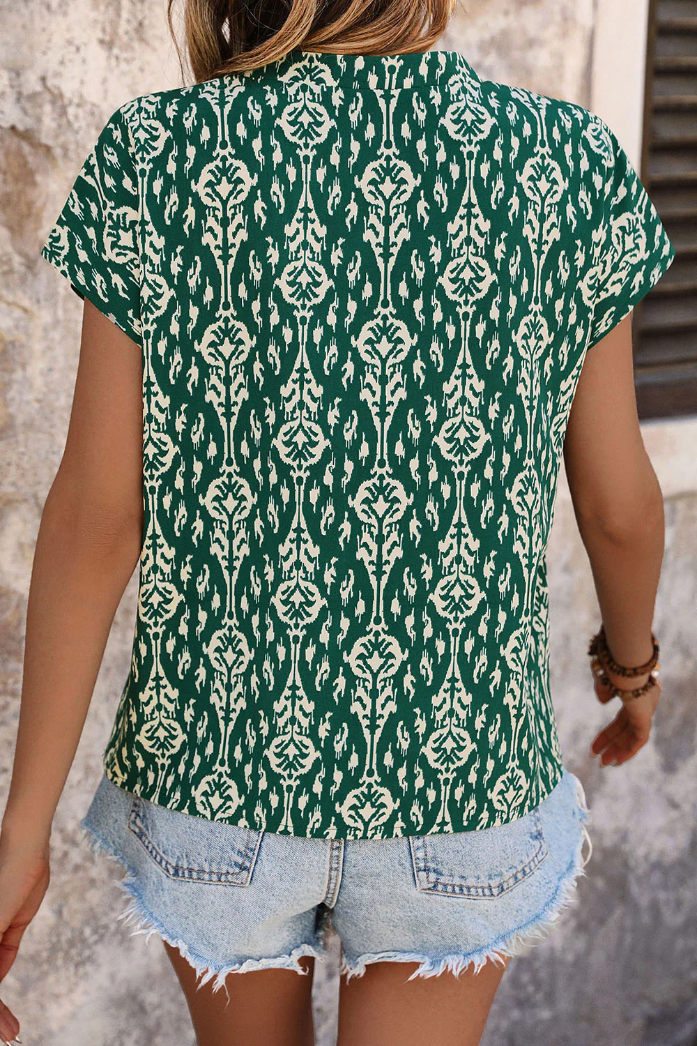 Printed Notched Short Sleeve Blouse - Image 2