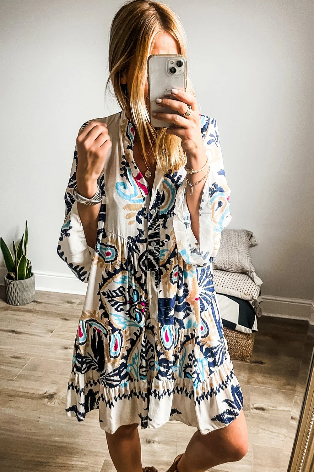 Printed Notched Three-Quarter Sleeve Mini Dress - Image 2