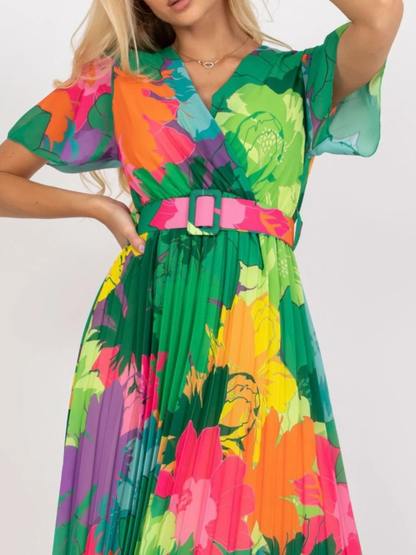 Printed Pleated Midi Wrap Dress with Belt - Image 2