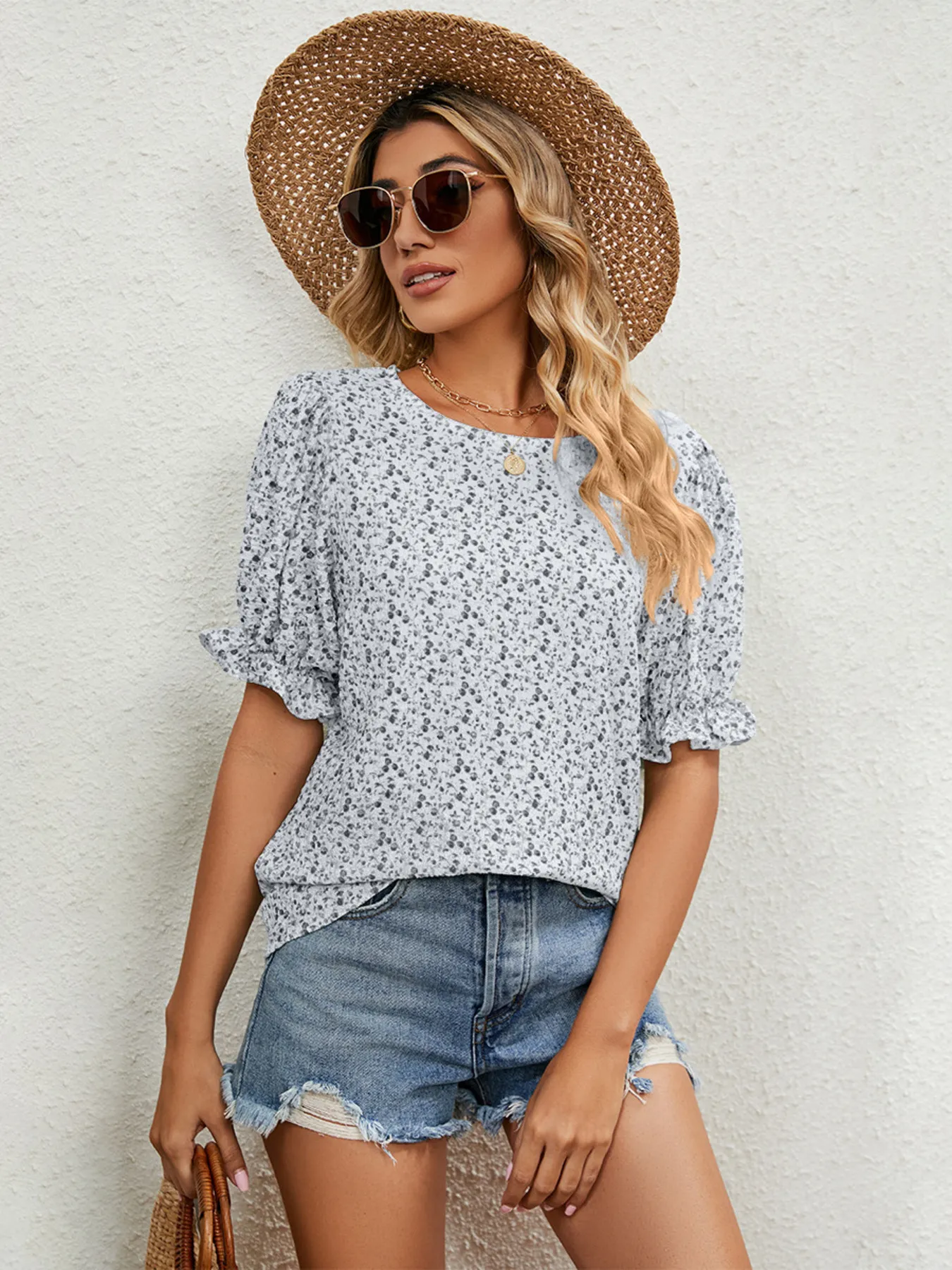 Printed Puff Sleeve Casual Blouse - Image 22