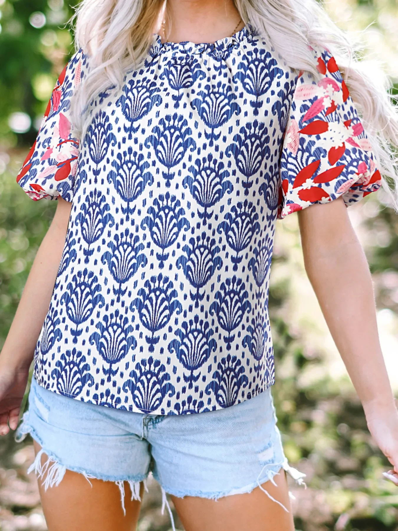 Printed Puff Sleeve Frilled Neck Blouse - Image 6
