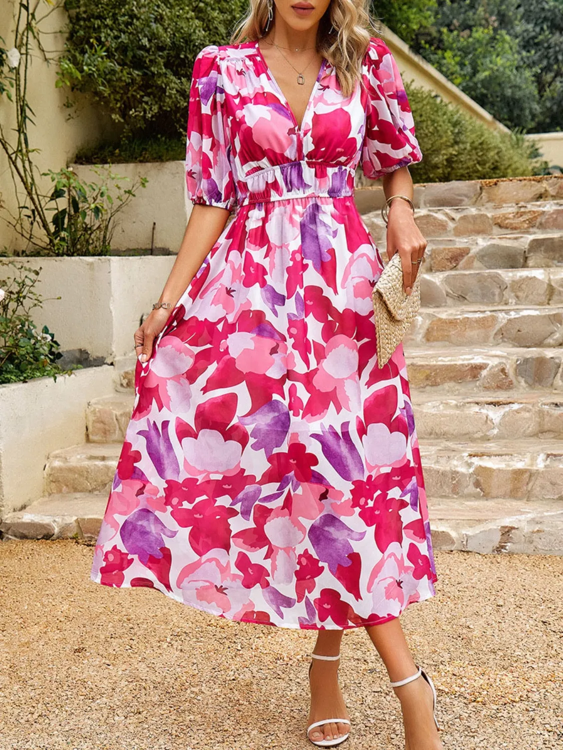 Printed Puff Sleeve Midi Dress - Image 12