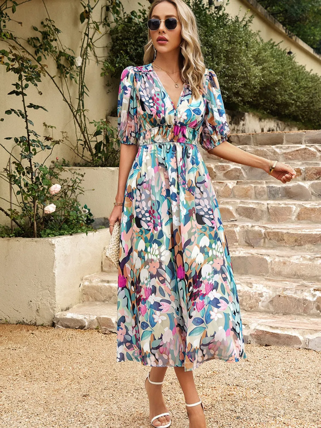 Printed Puff Sleeve Midi Dress - Image 5
