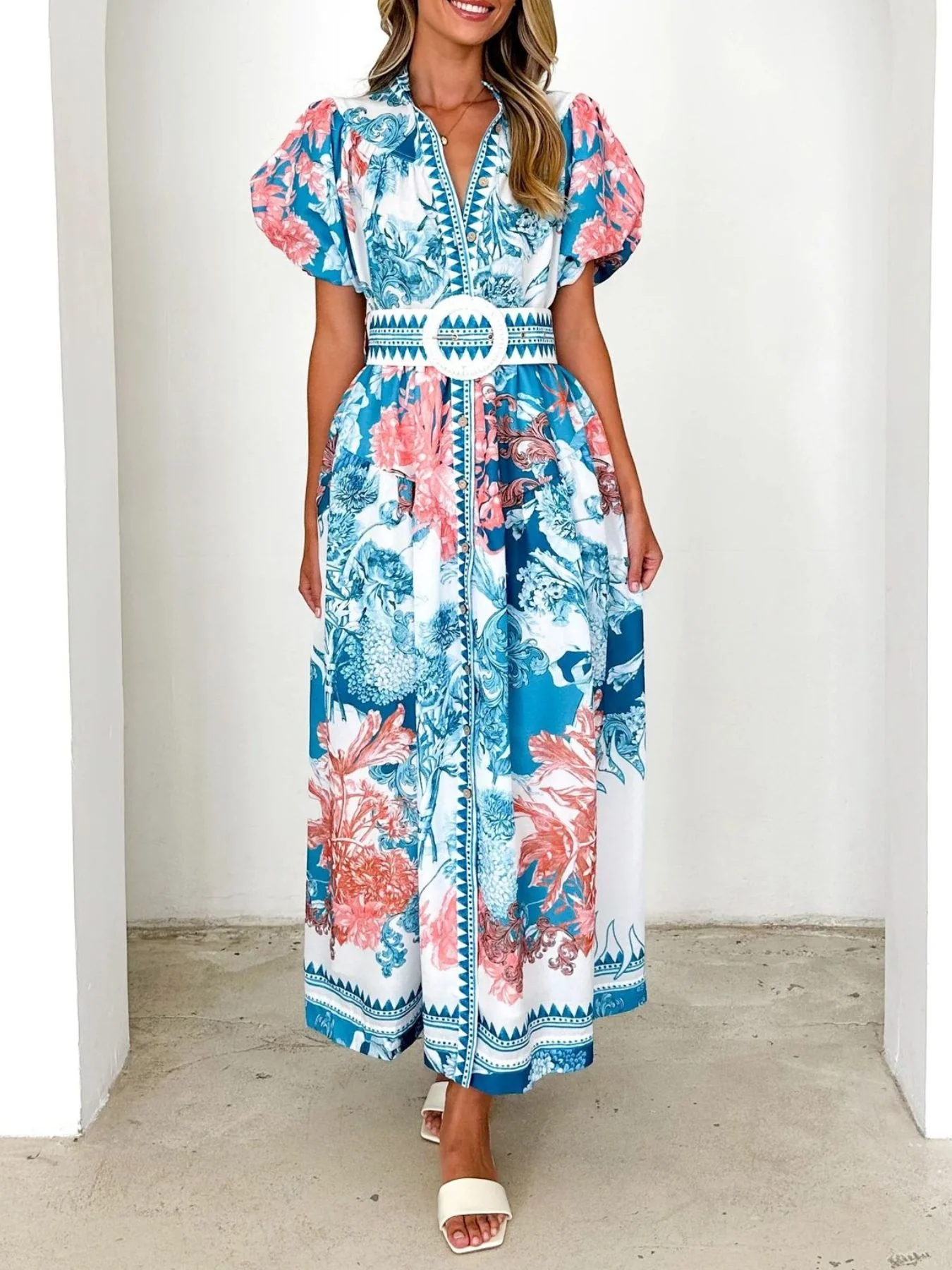Printed Puff Sleeve Midi Dress - Image 3