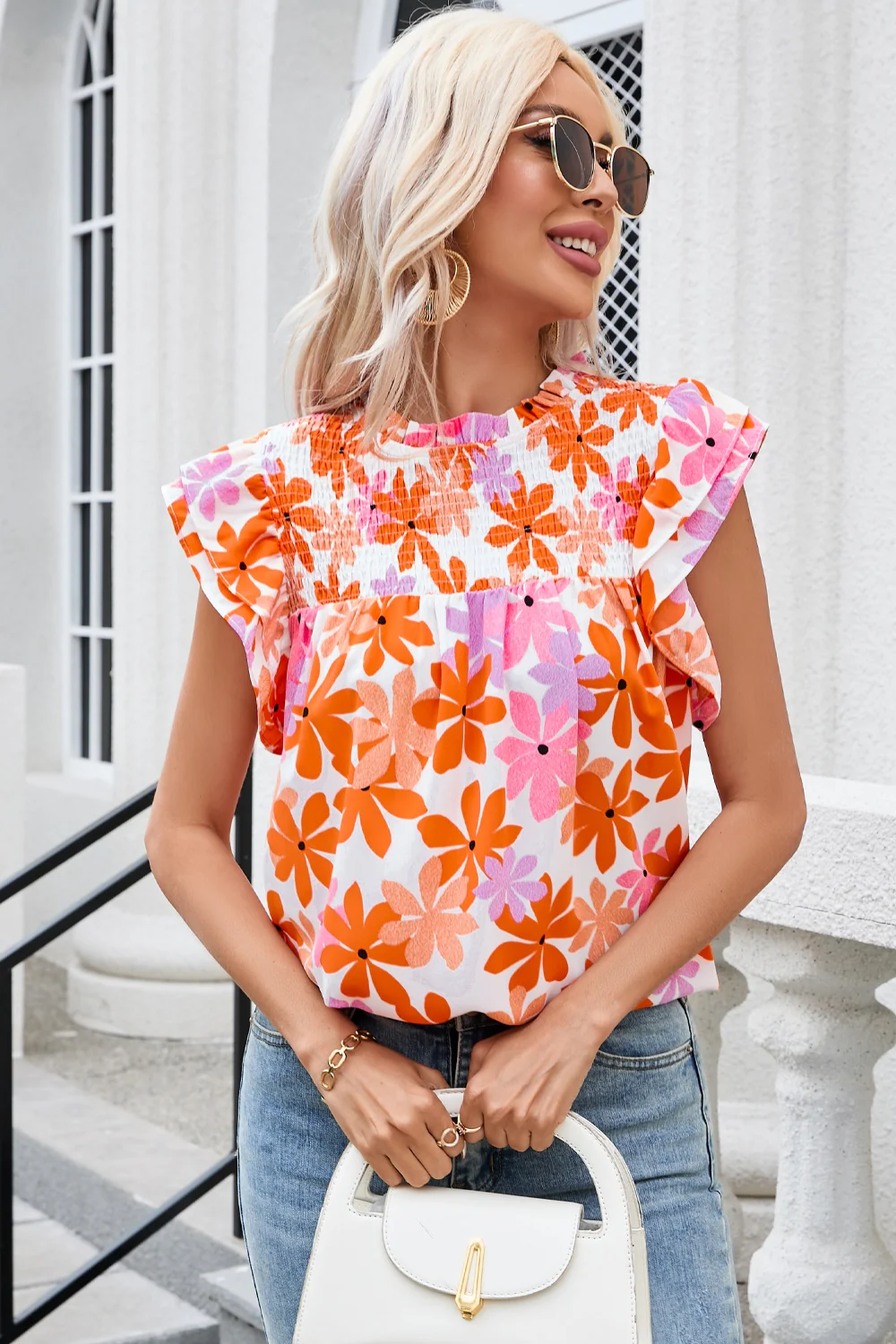 Printed Round Neck Cap Sleeve Blouse - Image 4