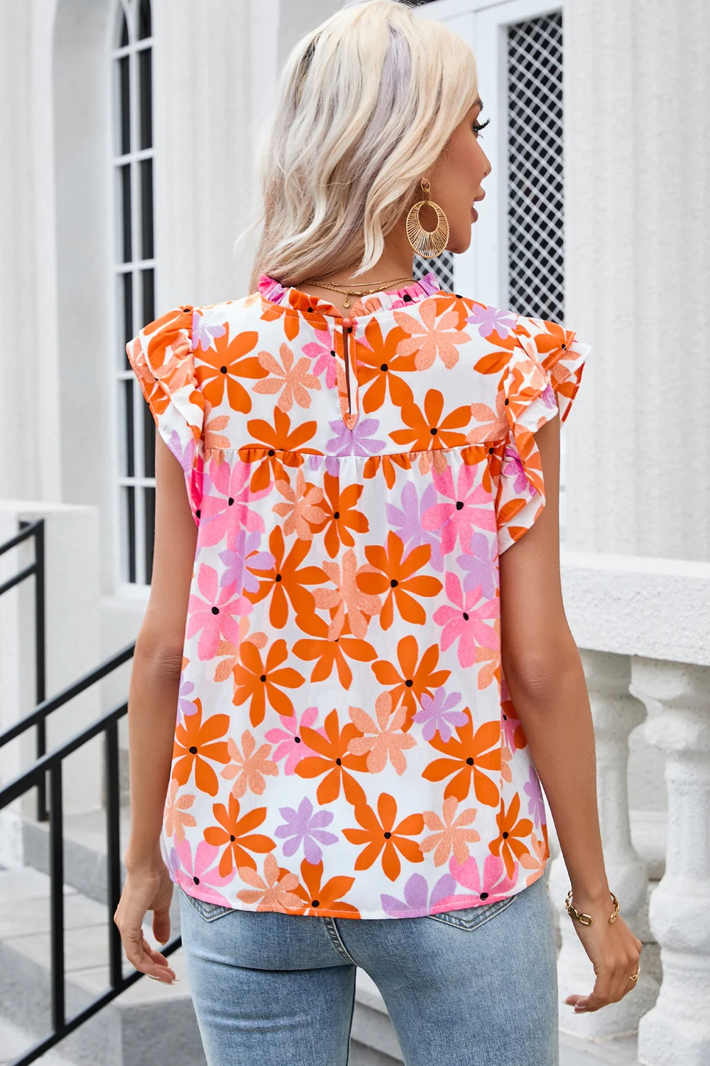 Printed Round Neck Cap Sleeve Blouse - Image 5