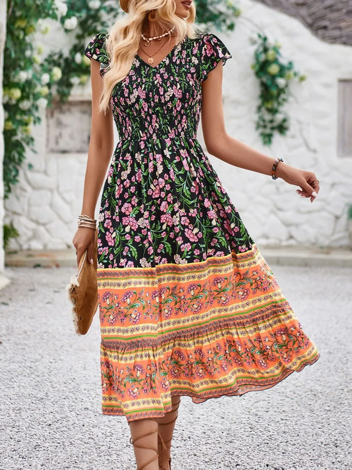 Printed Round Neck Cap Sleeve Dress - Image 11