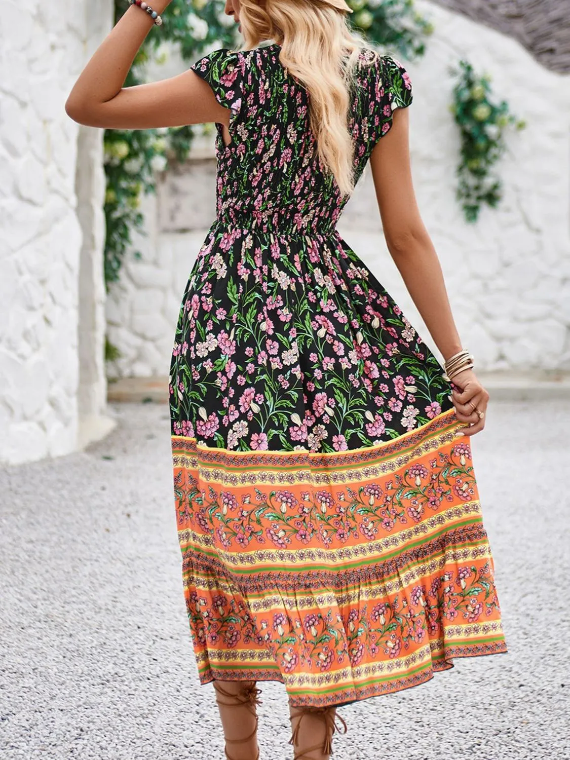Printed Round Neck Cap Sleeve Dress - Image 12
