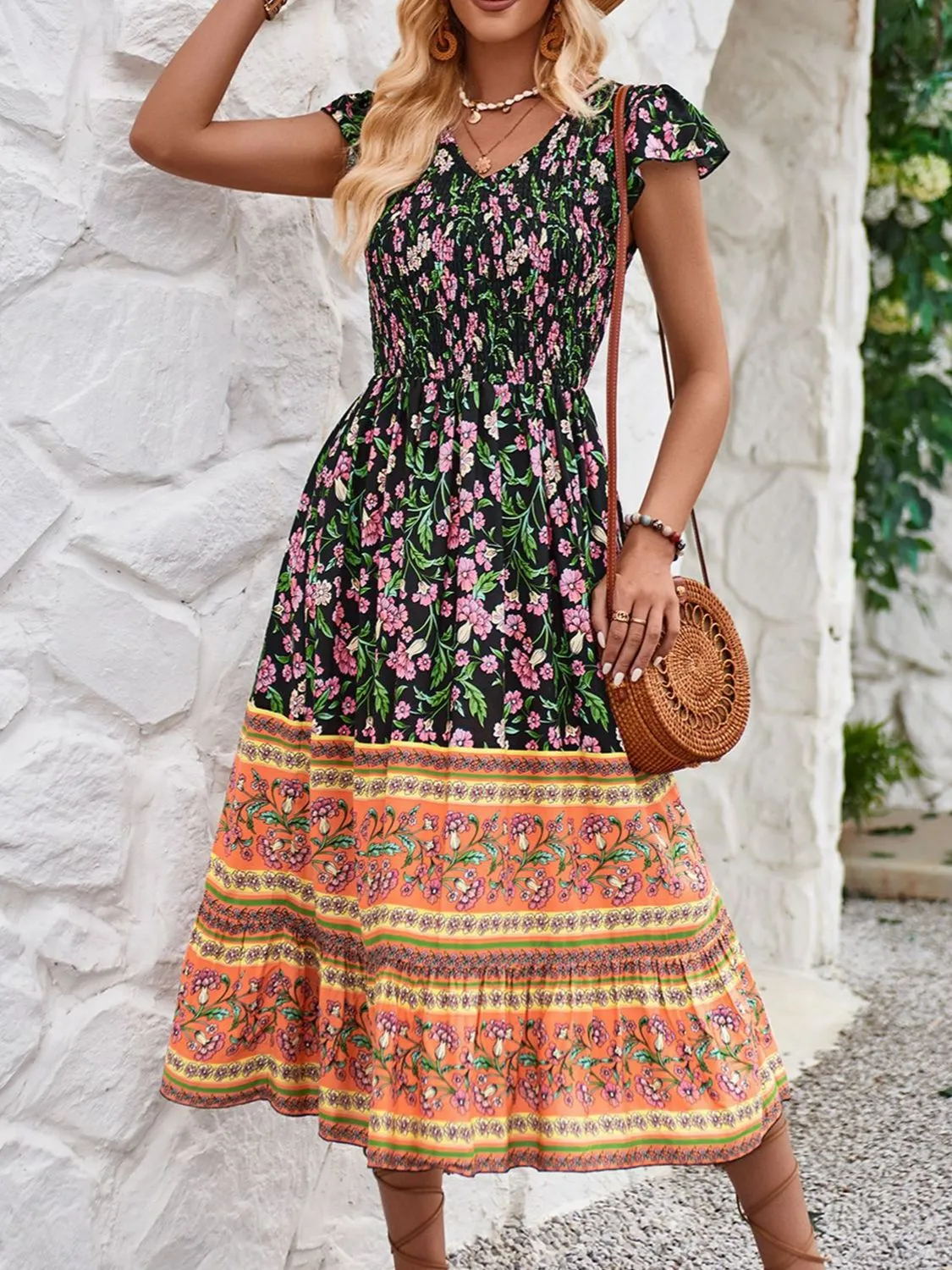 Printed Round Neck Cap Sleeve Dress - Image 13
