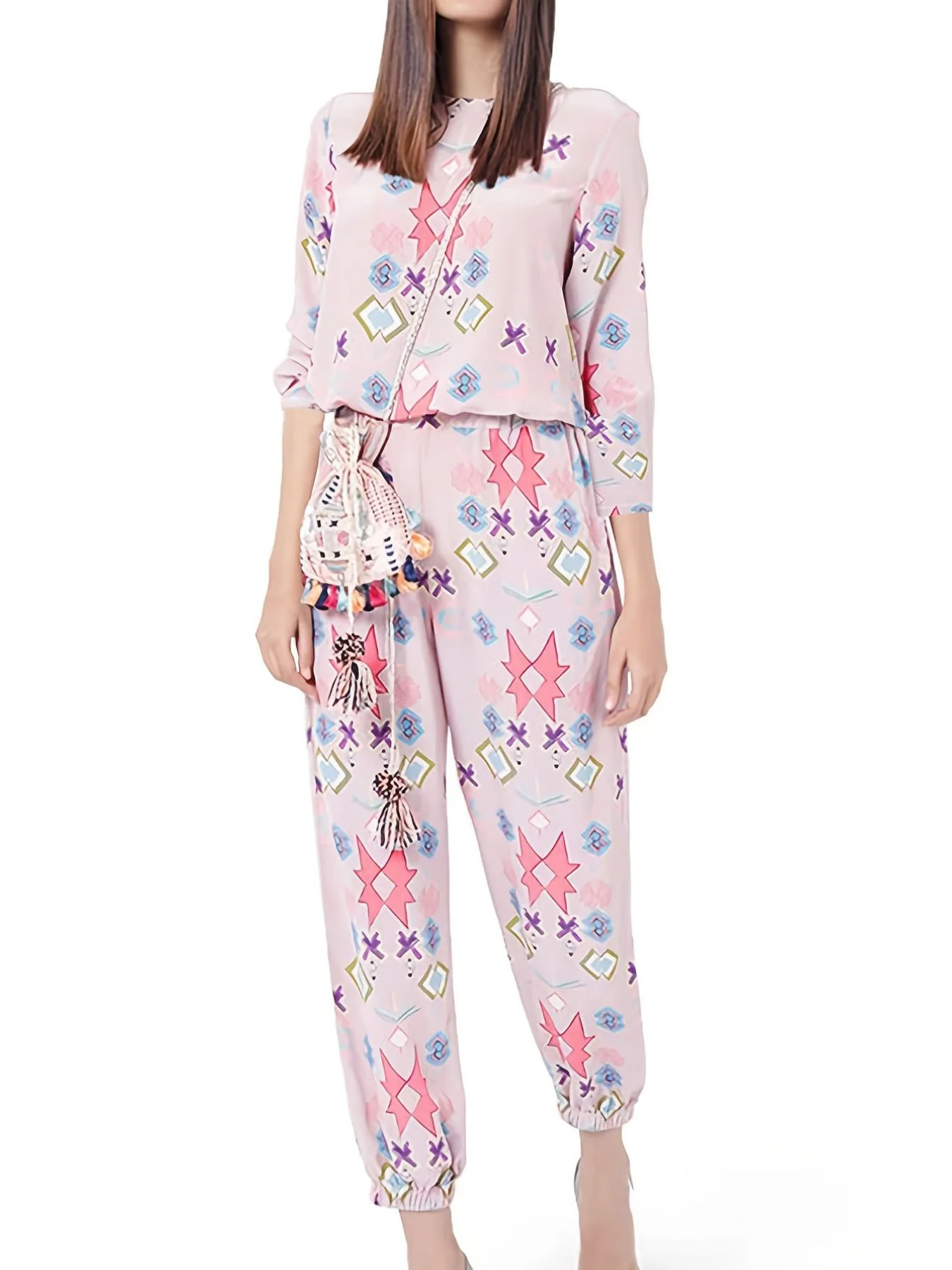 Printed Round Neck Long Sleeve Top and Pants Lounge Set - Image 5