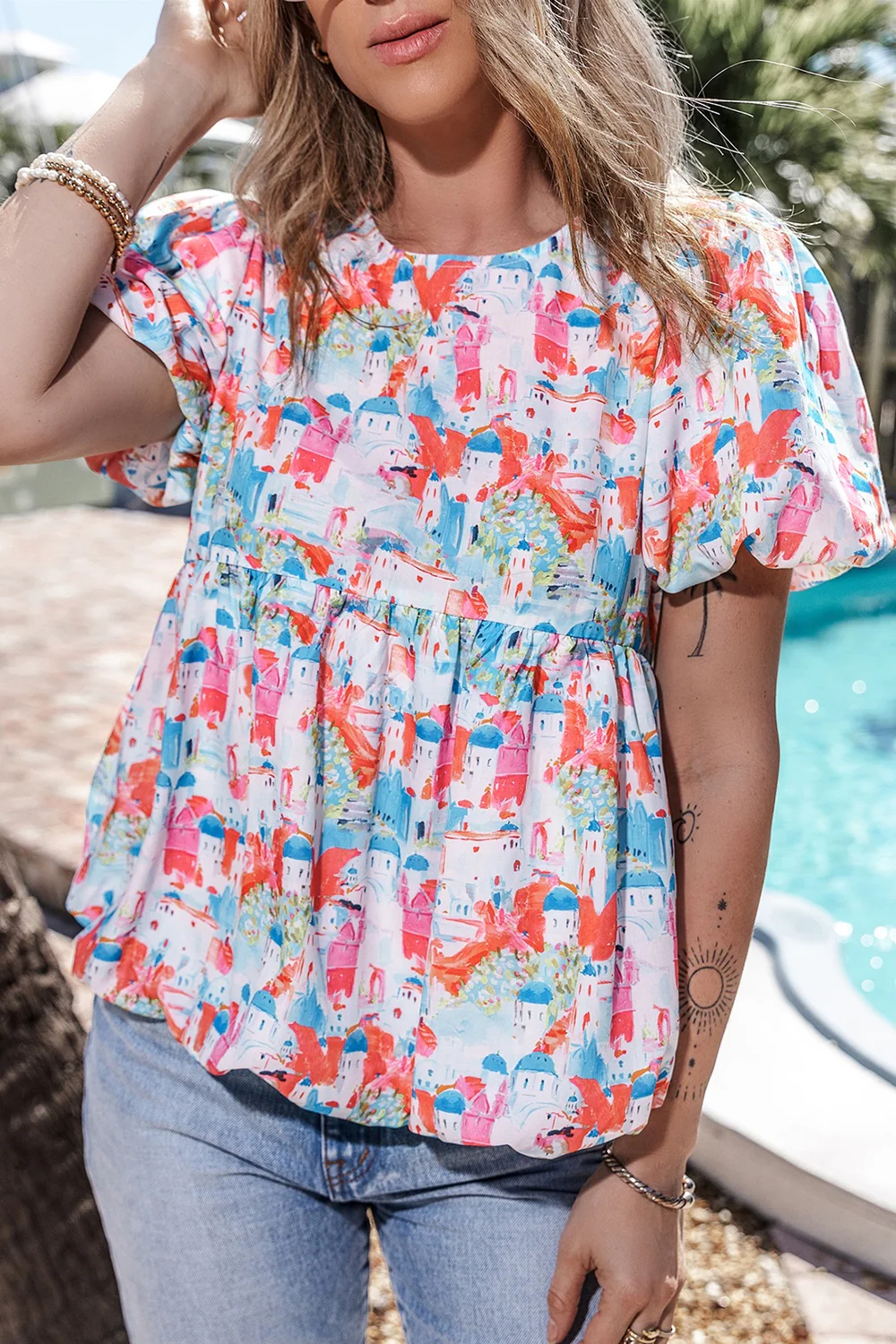 Printed Round Neck Puff Sleeve Blouse - Image 4