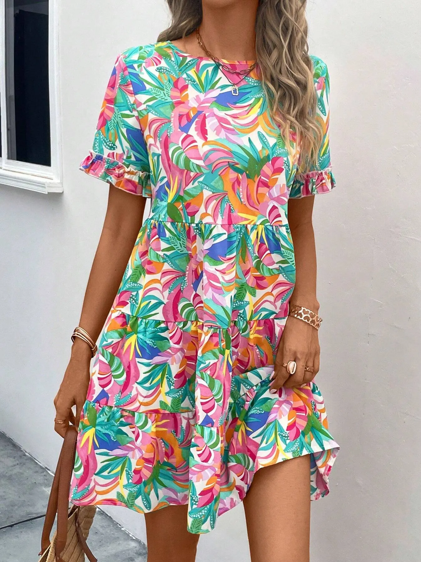 Printed Round Neck Short Sleeve Dress - Image 5