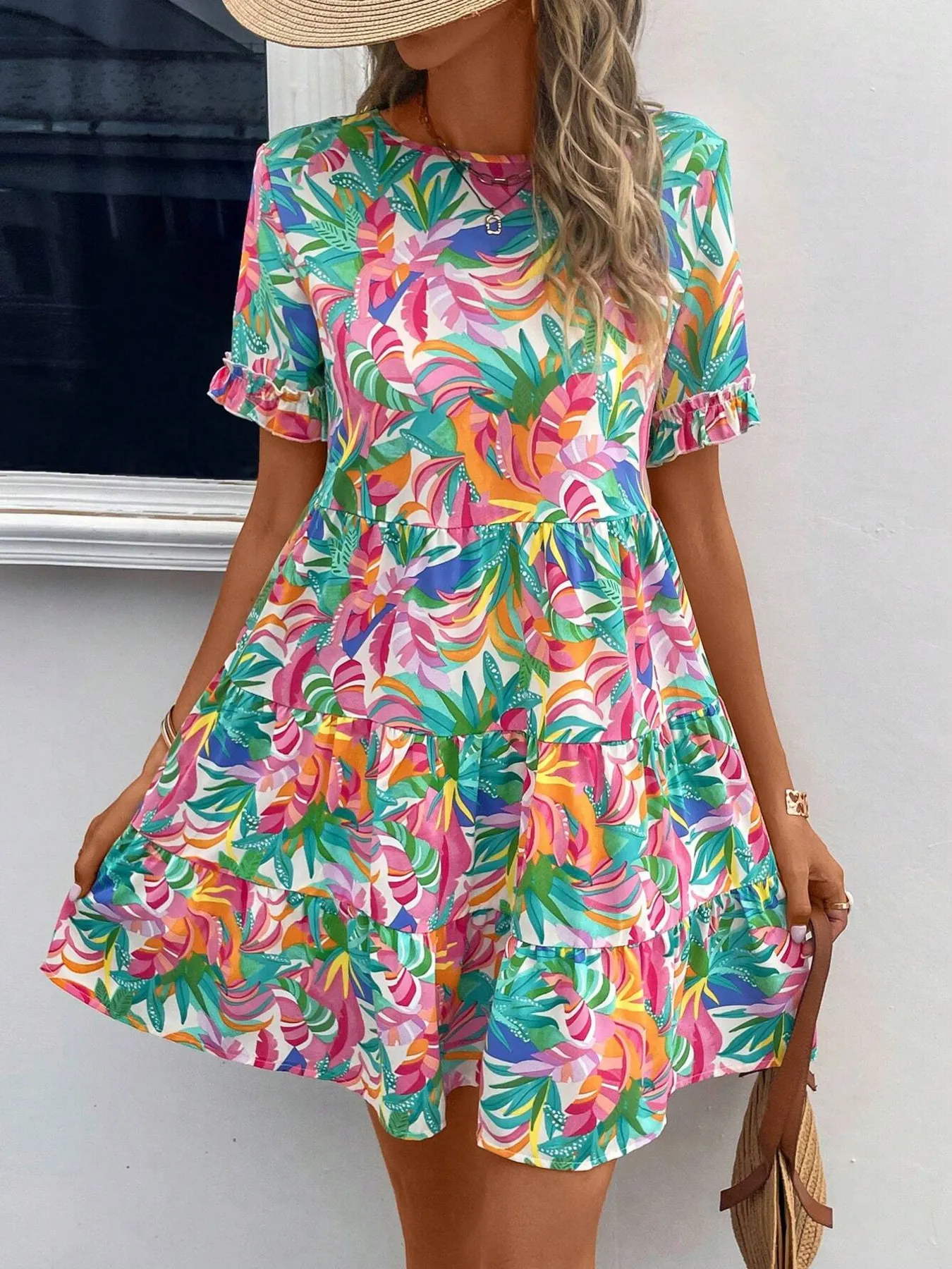 Printed Round Neck Short Sleeve Dress - Image 6