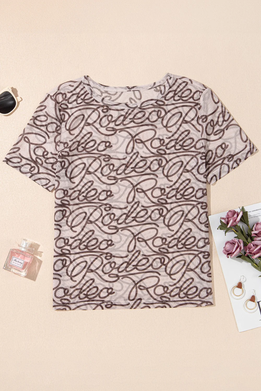 Printed Round Neck Short Sleeve Mesh T-Shirt - Image 4