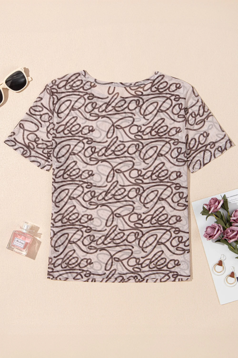 Printed Round Neck Short Sleeve Mesh T-Shirt - Image 5