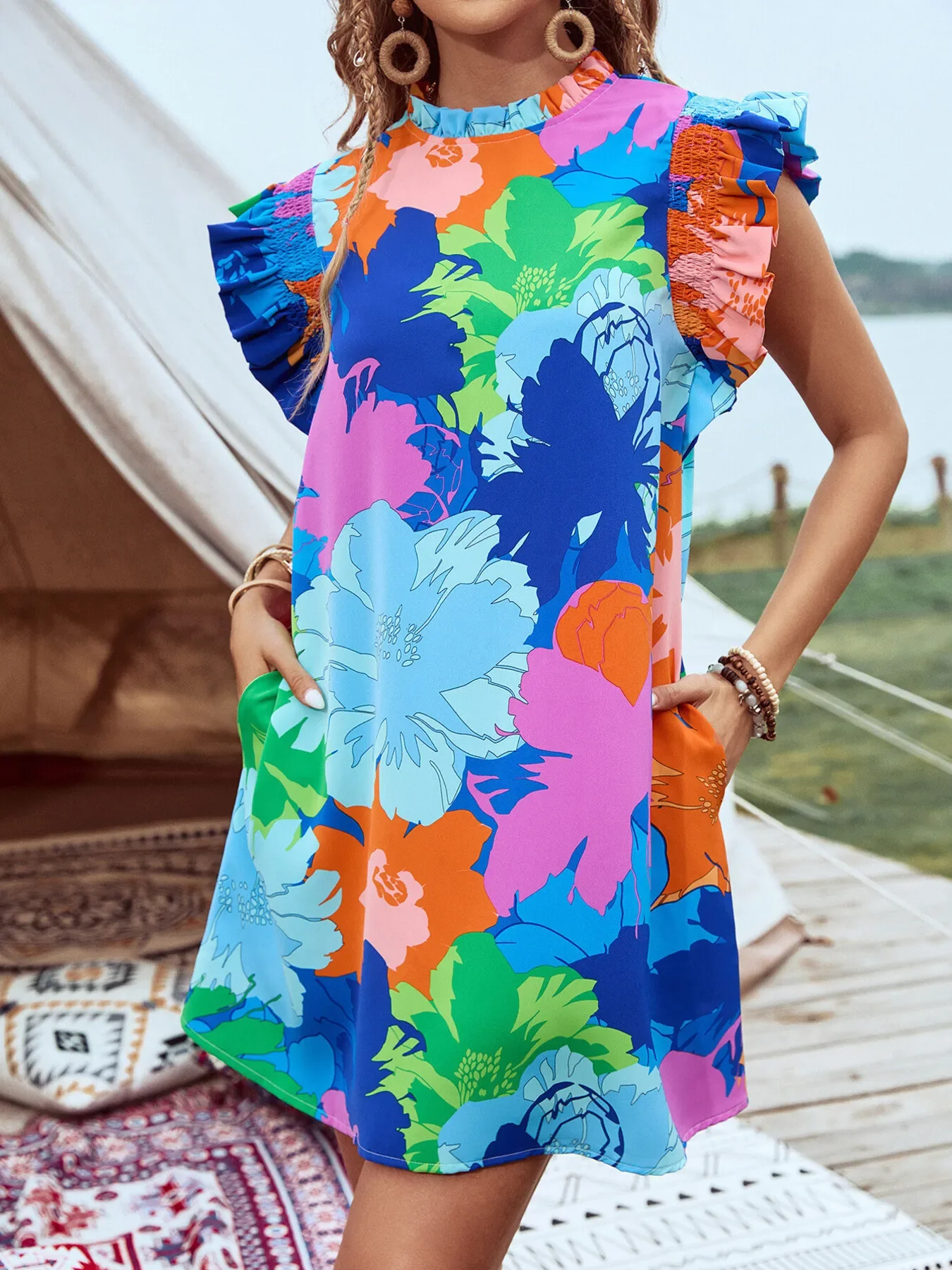 Printed Ruffled Cap Sleeve Mini Dress - Image 4