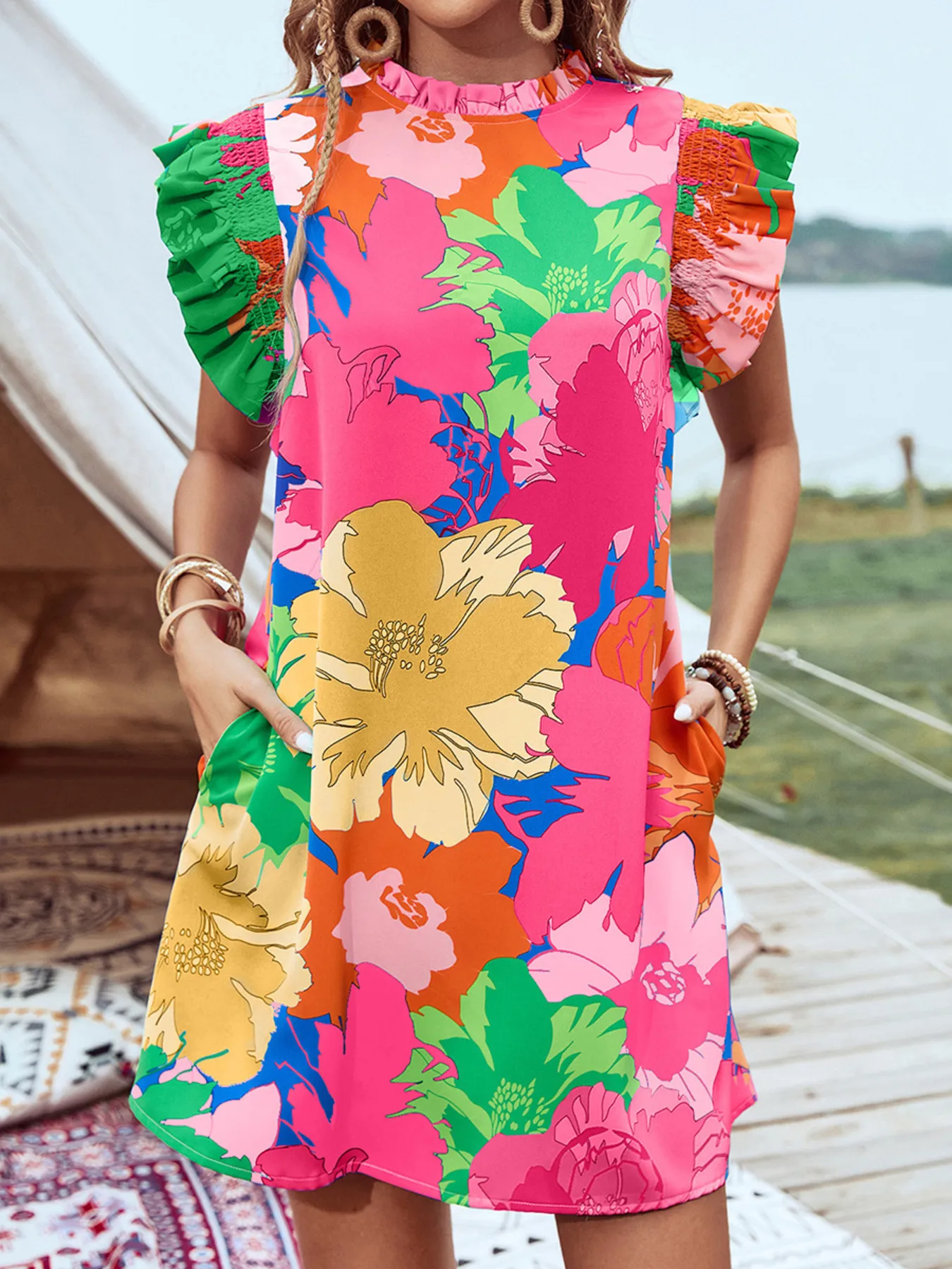 Printed Ruffled Cap Sleeve Mini Dress - Image 6